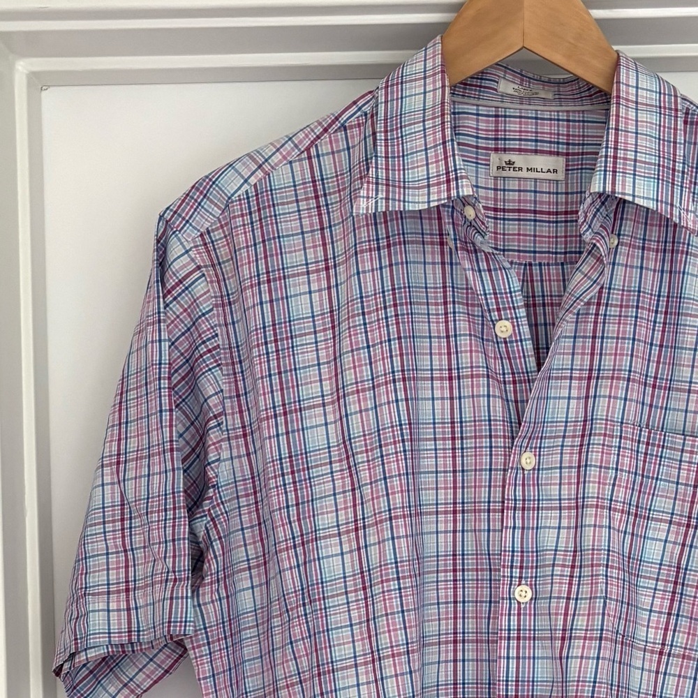 Peter Millar 100% Cotton Plaid Collar Button Down Large